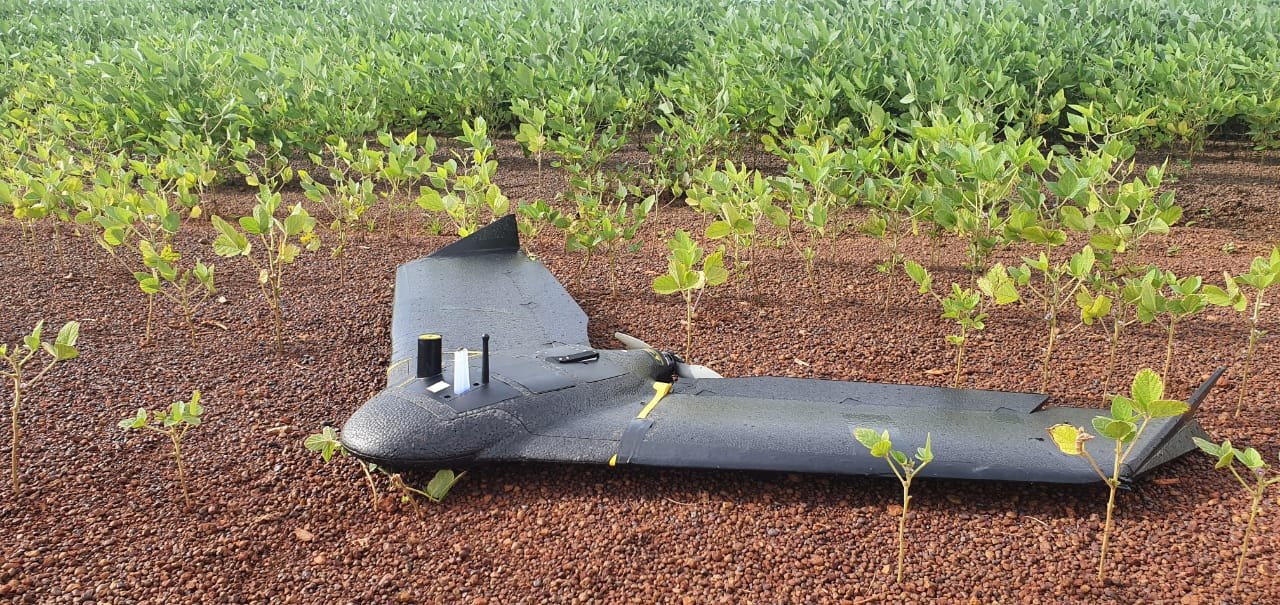 Drone de asa fixa apoiado em área agrícola